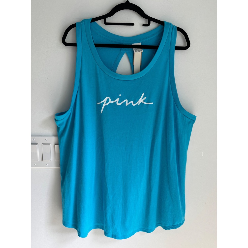 Victorias Secret PINK Tank Top XXL Blue Script Logo Keyhole Back Sleeveless NEW